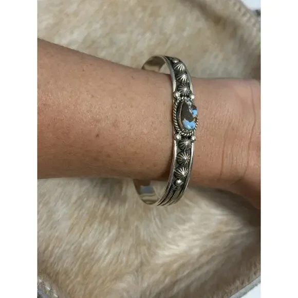 Native American SW Sterling Silver & Golden Hills Turquoise Dome Cuff Bracelet